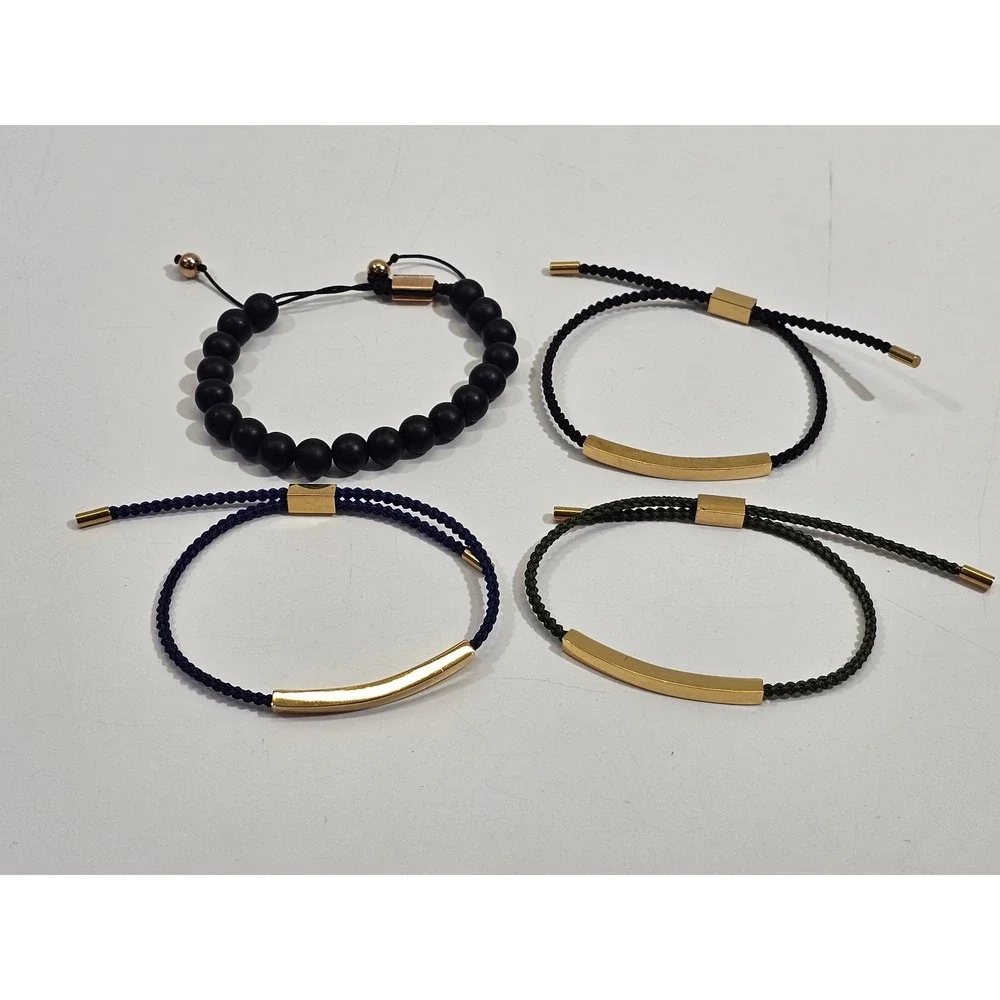 Clifton Wilson Mens Bracelet Set 4pc Black Gold Onyx Bead Cord Adjustable Bar OS